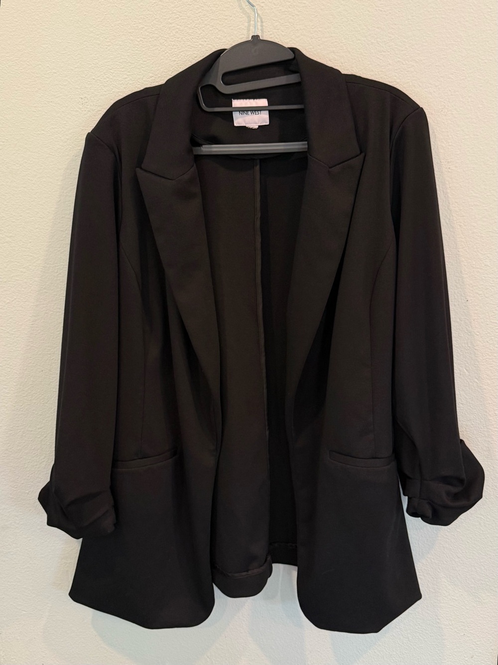 Nine West Black Blazer Jacket Women’s XXL Open Front Ruched Sleeve Shoulder Pads
